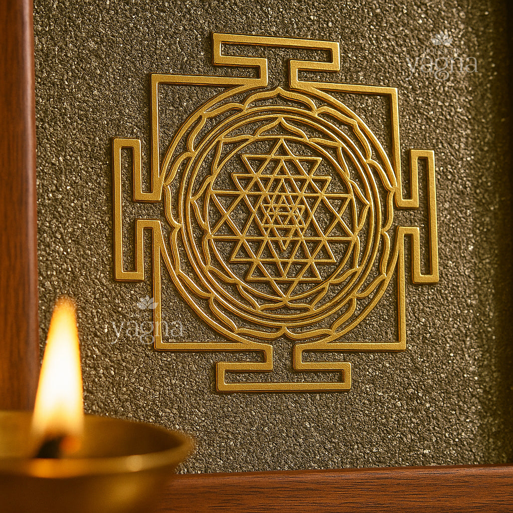 Sri Yantra in Pyrite Stone Wooden Frame
